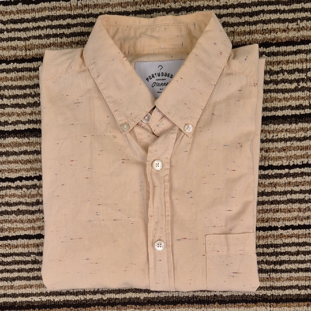 PORTUGUESE FLANNEL Beige Tan Flecked Cotton Blend Small Short Sleeve Shirt